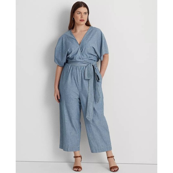 Lauren Ralph Lauren Pants - Lauren Ralph Lauren Chambray Wide Leg Jumpsuit Belted V Neck Women Size 14